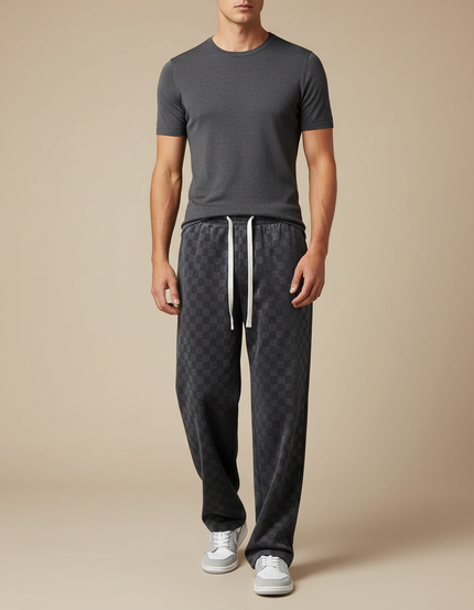 Pantalon Velours Carreaux Gris Ample Décontracté