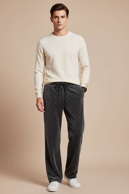 Pantalon Velours Gris Motif Géométrique Ample Décontracté