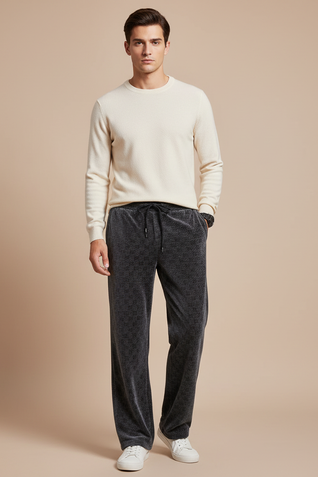 Pantalon Velours Gris Motif Géométrique Ample Décontracté
