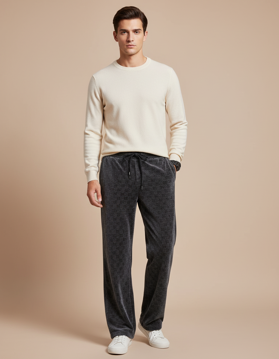 Pantalon Velours Gris Motif Géométrique Ample Décontracté