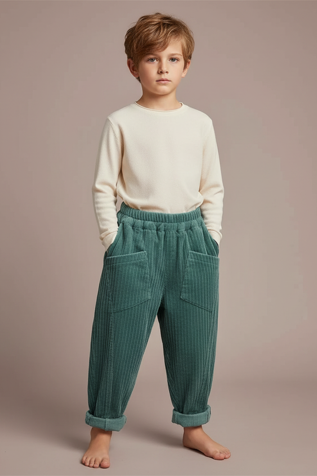 Pantalon Velours Côtelé Vert Ample Enfant - Cordé