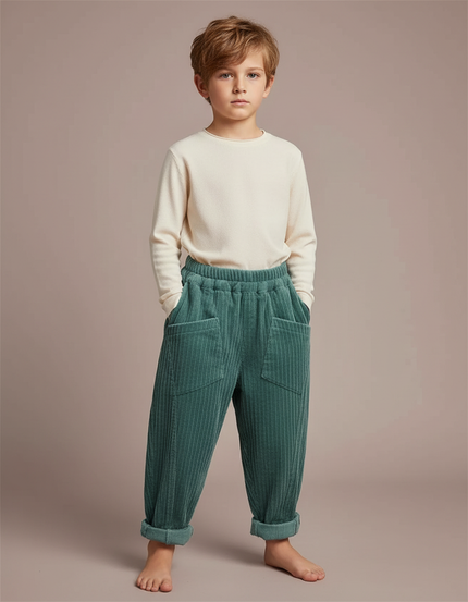 Pantalon Velours Côtelé Vert Ample Enfant - Cordé