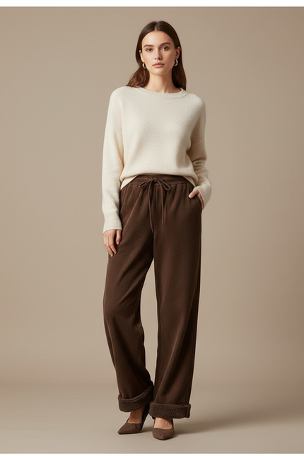 Pantalon Velours Marron Côtelé Ample Doublé Chaud - Cordé