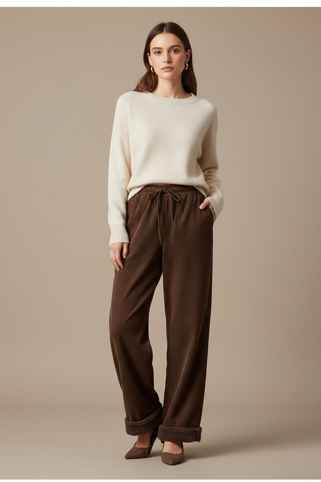 Pantalon Velours Marron Côtelé Ample Doublé Chaud - Cordé