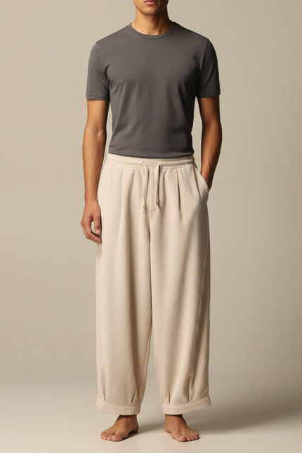 Pantalon Velours Côtelé Ample Beige Décontracté Homme Cordon - Cordé