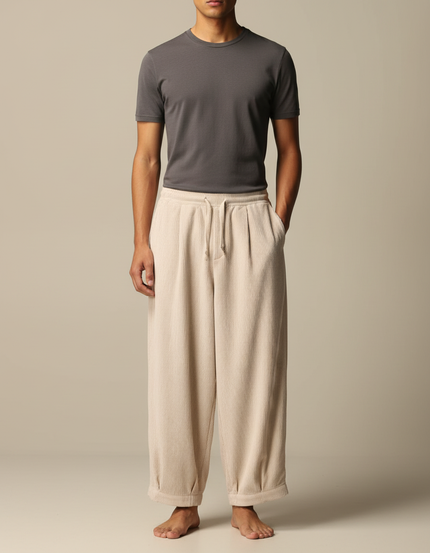 Pantalon Velours Côtelé Ample Beige Décontracté Homme Cordon - Cordé