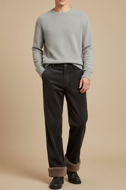 Pantalon Velours Côtelé Noir Ample Doublé Chaud - Cordé