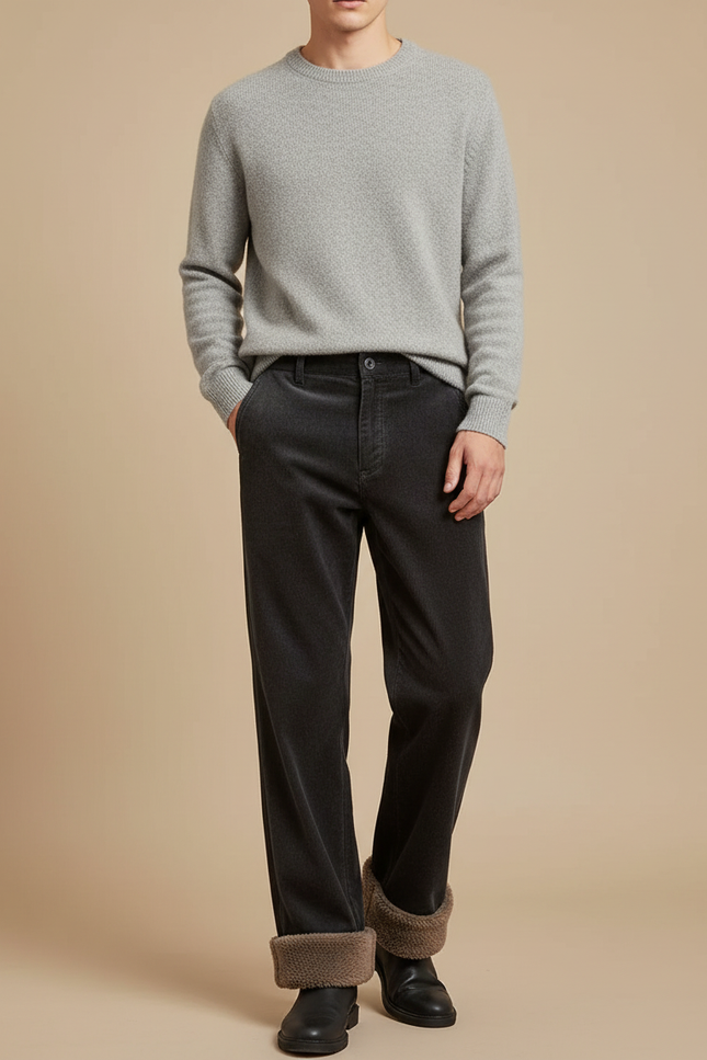 Pantalon Velours Côtelé Noir Ample Doublé Chaud - Cordé