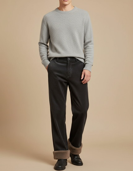 Pantalon Velours Côtelé Noir Ample Doublé Chaud - Cordé