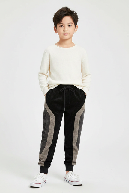Pantalon Velours Noir Côtelé Patchwork Décontracté Enfant - Cordé