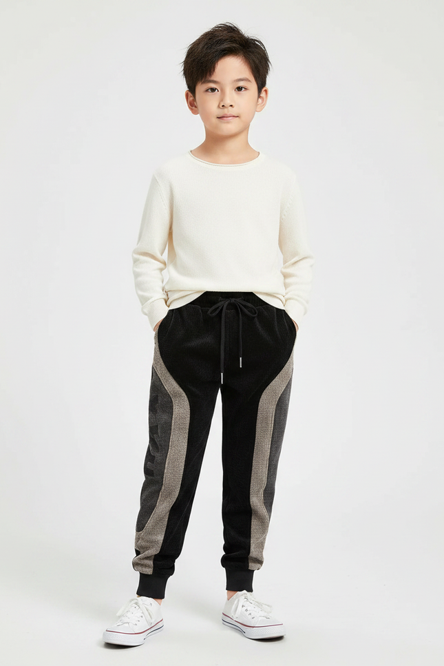 Pantalon Velours Noir Côtelé Patchwork Décontracté Enfant - Cordé