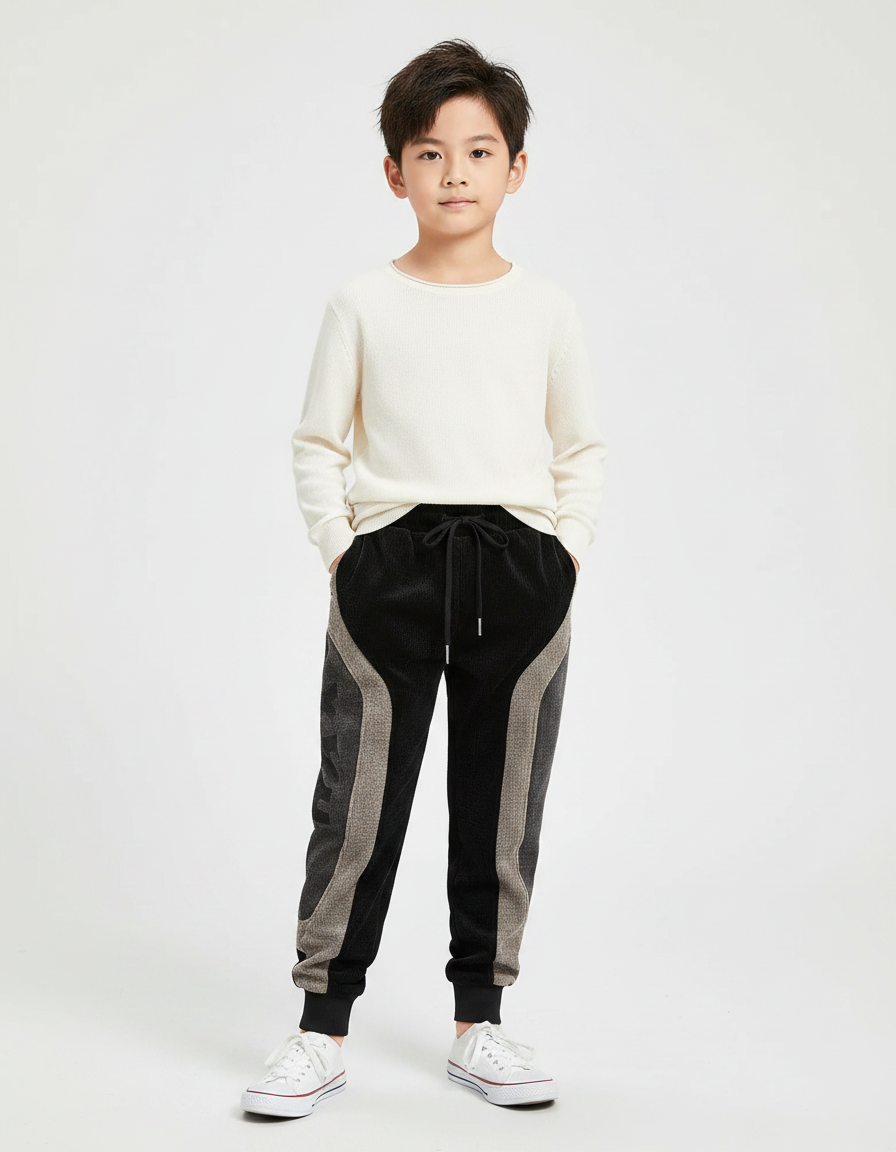 Pantalon Velours Noir Côtelé Patchwork Décontracté Enfant - Cordé