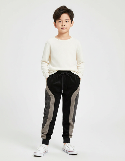 Pantalon Velours Noir Côtelé Patchwork Décontracté Enfant - Cordé