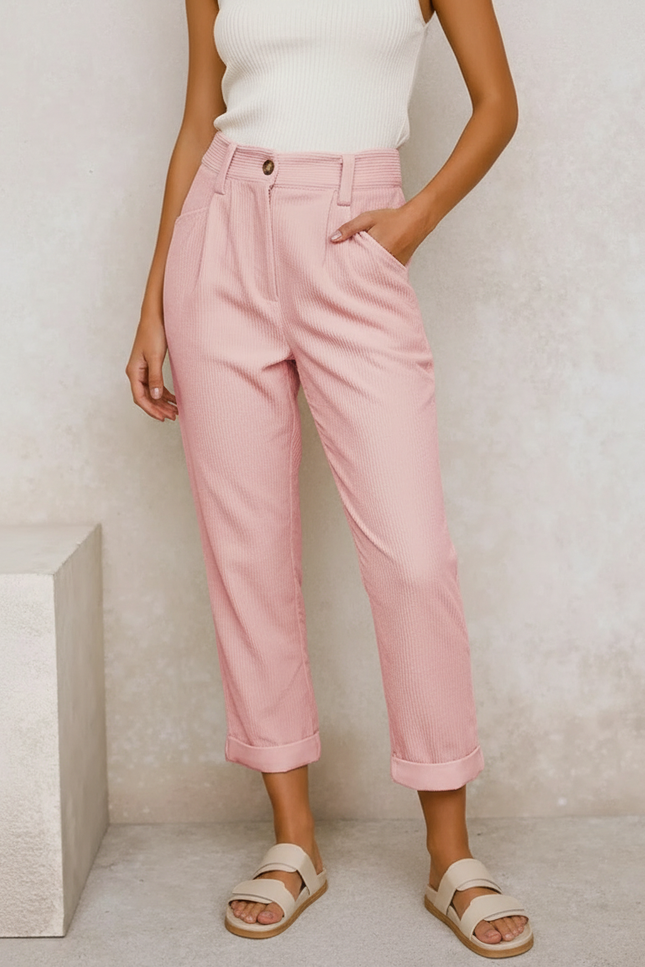 Pantalon Velours Rose Côtelé Taille Haute Ample Décontracté - Cordé