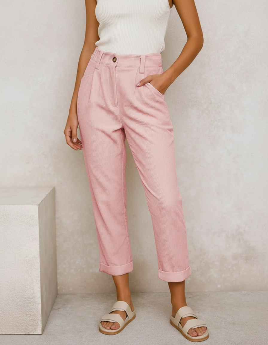 Pantalon Velours Rose Côtelé Taille Haute Ample Décontracté - Cordé