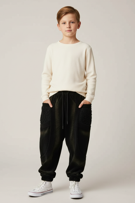 Pantalon Velours Noir Côtelé Harem Garçon - Cordé