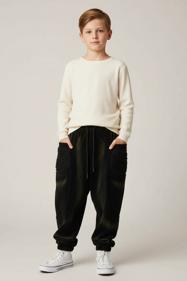 Pantalon Velours Noir Côtelé Harem Garçon - Cordé