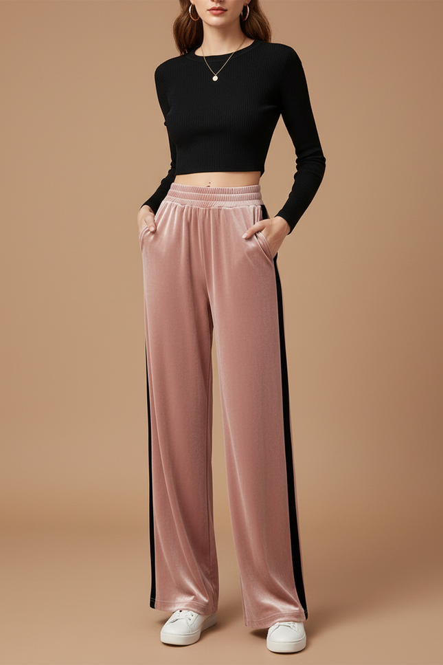 Pantalon Velours Rose Large Fluide Décontracté Femme