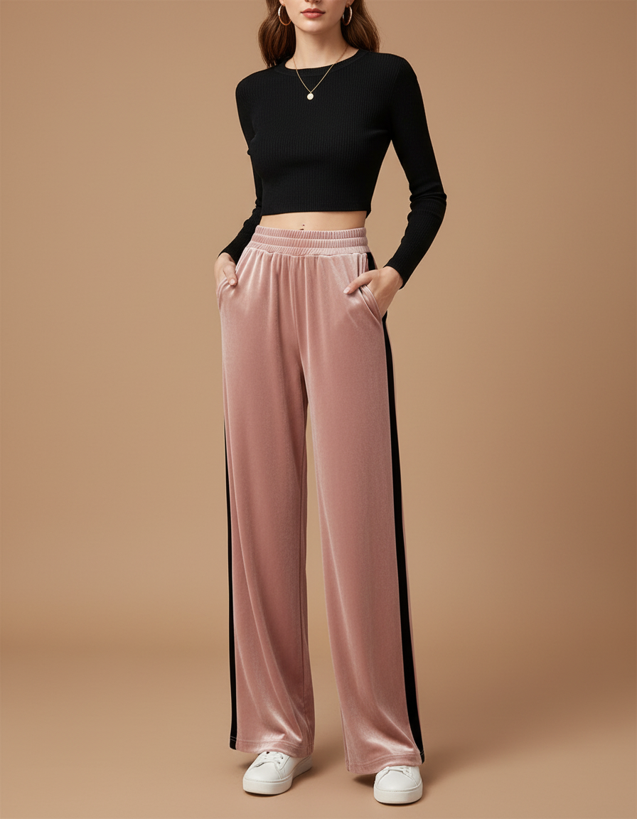 Pantalon Velours Rose Large Fluide Décontracté Femme