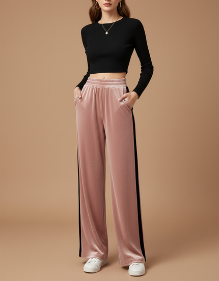 Pantalon Velours Rose Large Fluide Décontracté Femme