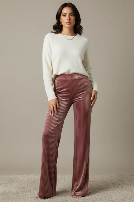 Pantalon Velours Rose Côtelé Taille Haute Évasé