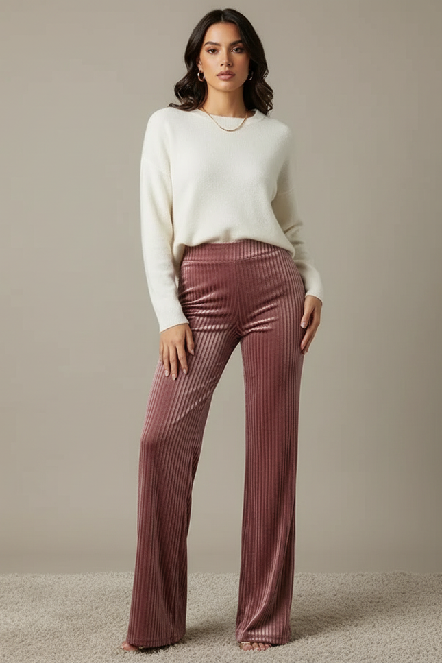 Pantalon Velours Rose Côtelé Taille Haute Évasé