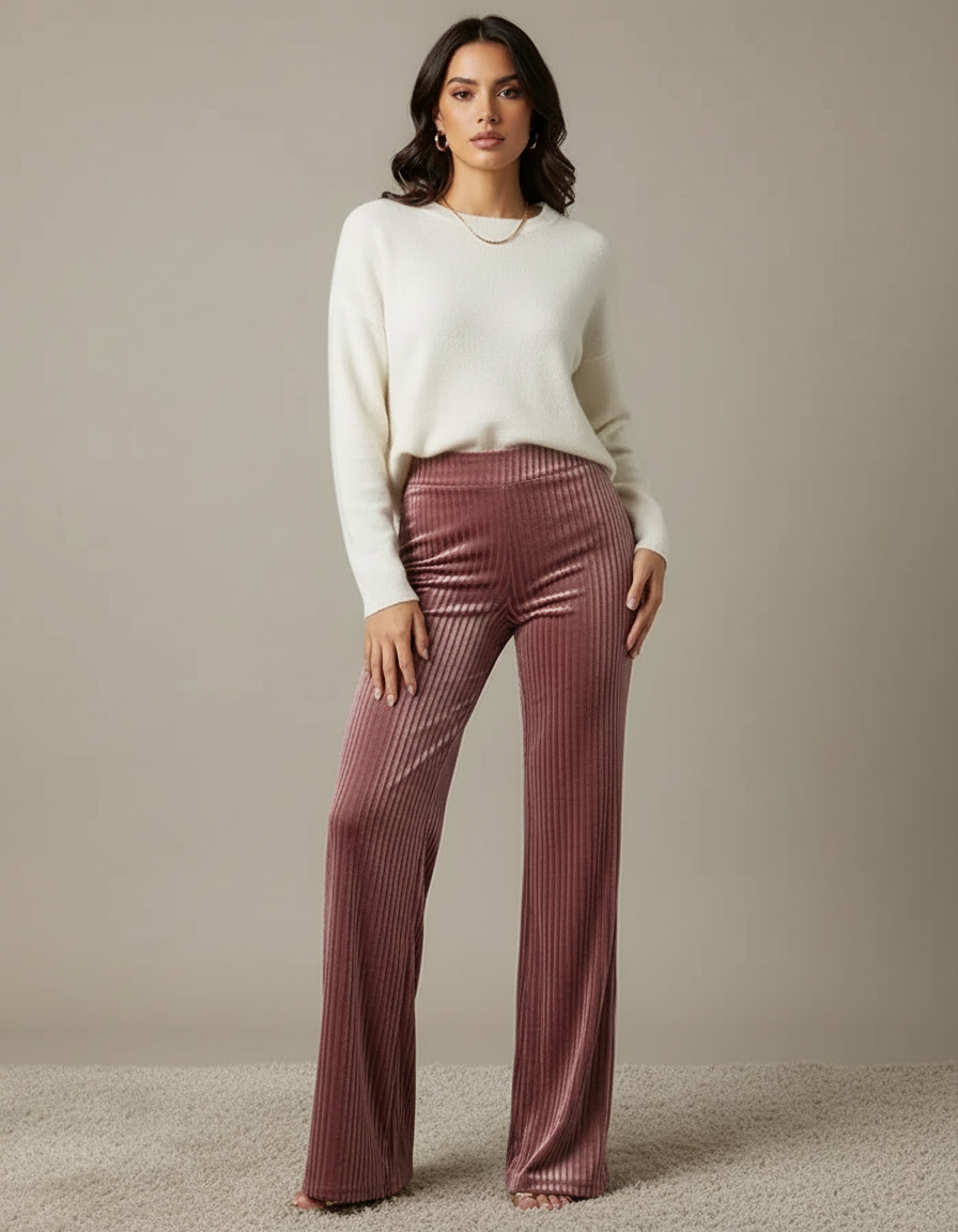 Pantalon Velours Rose Côtelé Taille Haute Évasé