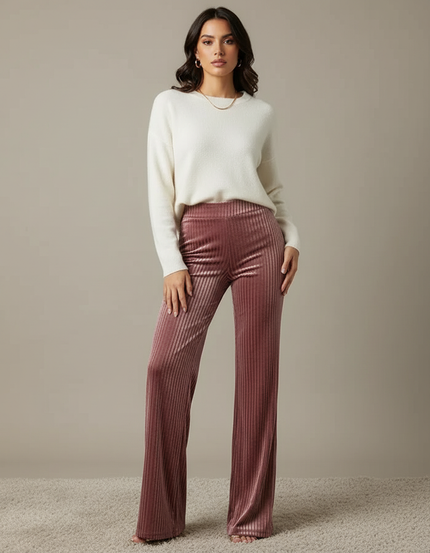 Pantalon Velours Rose Côtelé Taille Haute Évasé