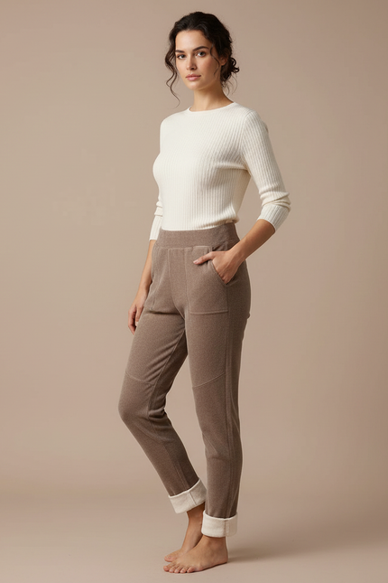 Pantalon Velours Marron Doux Confortable Doublé Polaire Femme