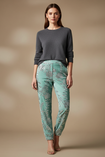 Pantalon Velours Vert Brodé Paillettes Élastiqué Élégant