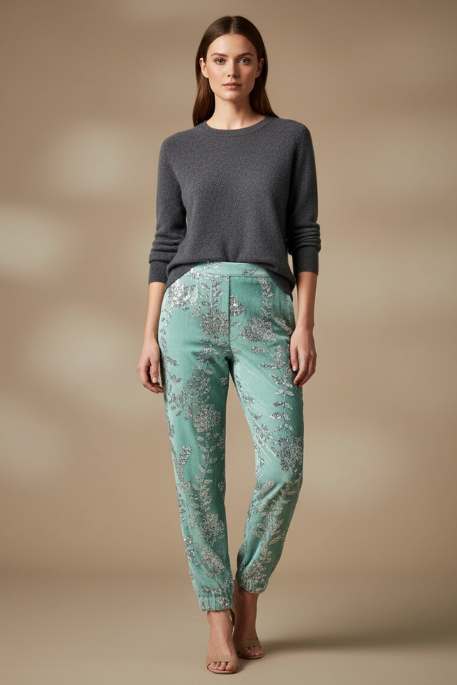 Pantalon Velours Vert Brodé Paillettes Élastiqué Élégant