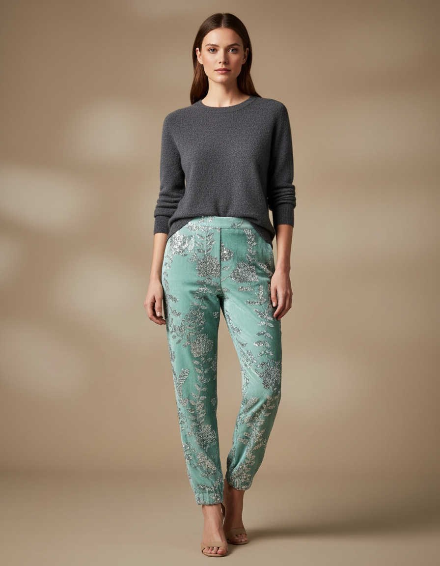 Pantalon Velours Vert Brodé Paillettes Élastiqué Élégant