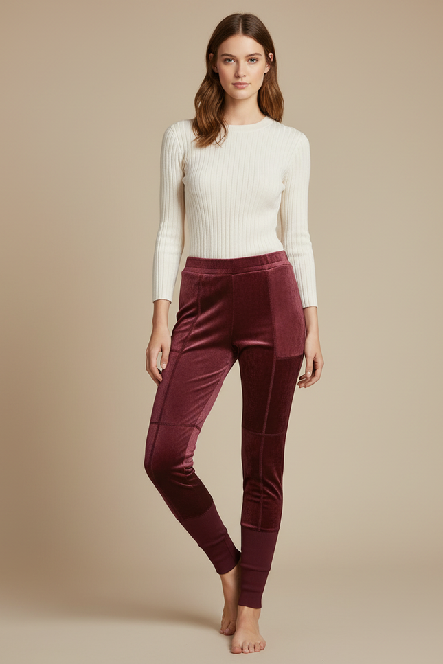 Pantalon Velours Bordeaux Patchwork Confortable Femme
