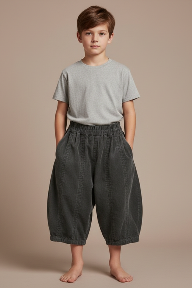 Pantalon Velours Côtelé Gris Ample Garçon Rétro - Cordé