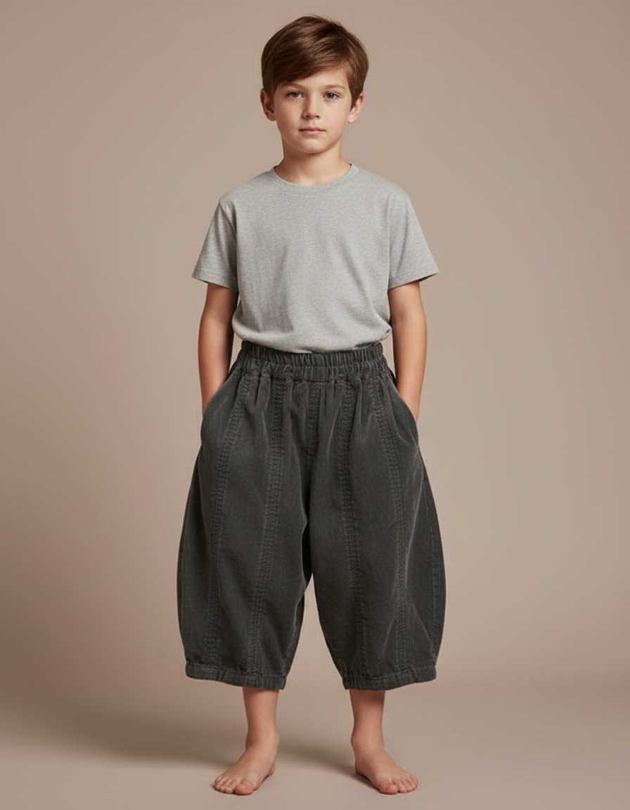 Pantalon Velours Côtelé Gris Ample Garçon Rétro - Cordé