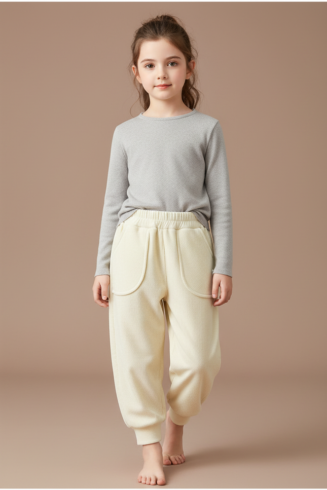 Pantalon Velours Écru Ample Côtelé Enfant Confortable - Beige Cordé