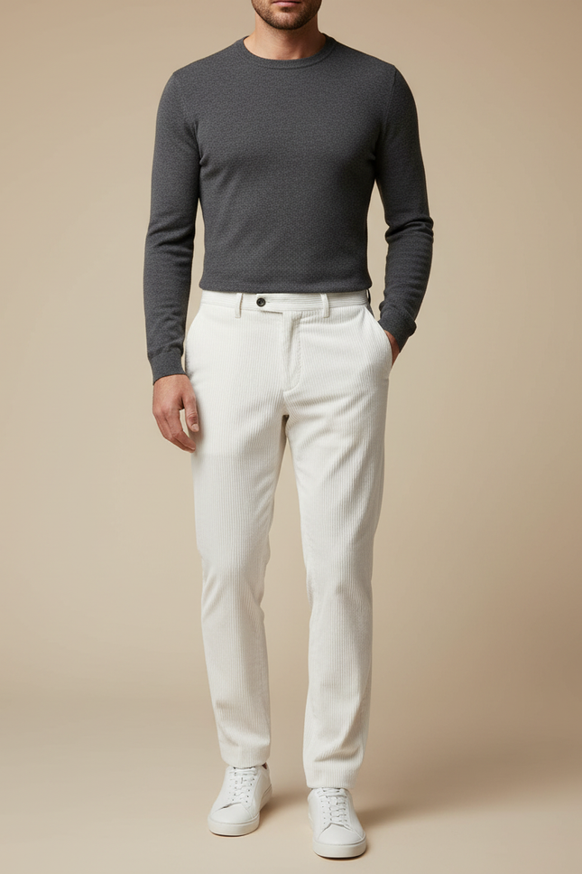 Pantalon Velours Côtelé Blanc Homme Slim Élégant - Cordé
