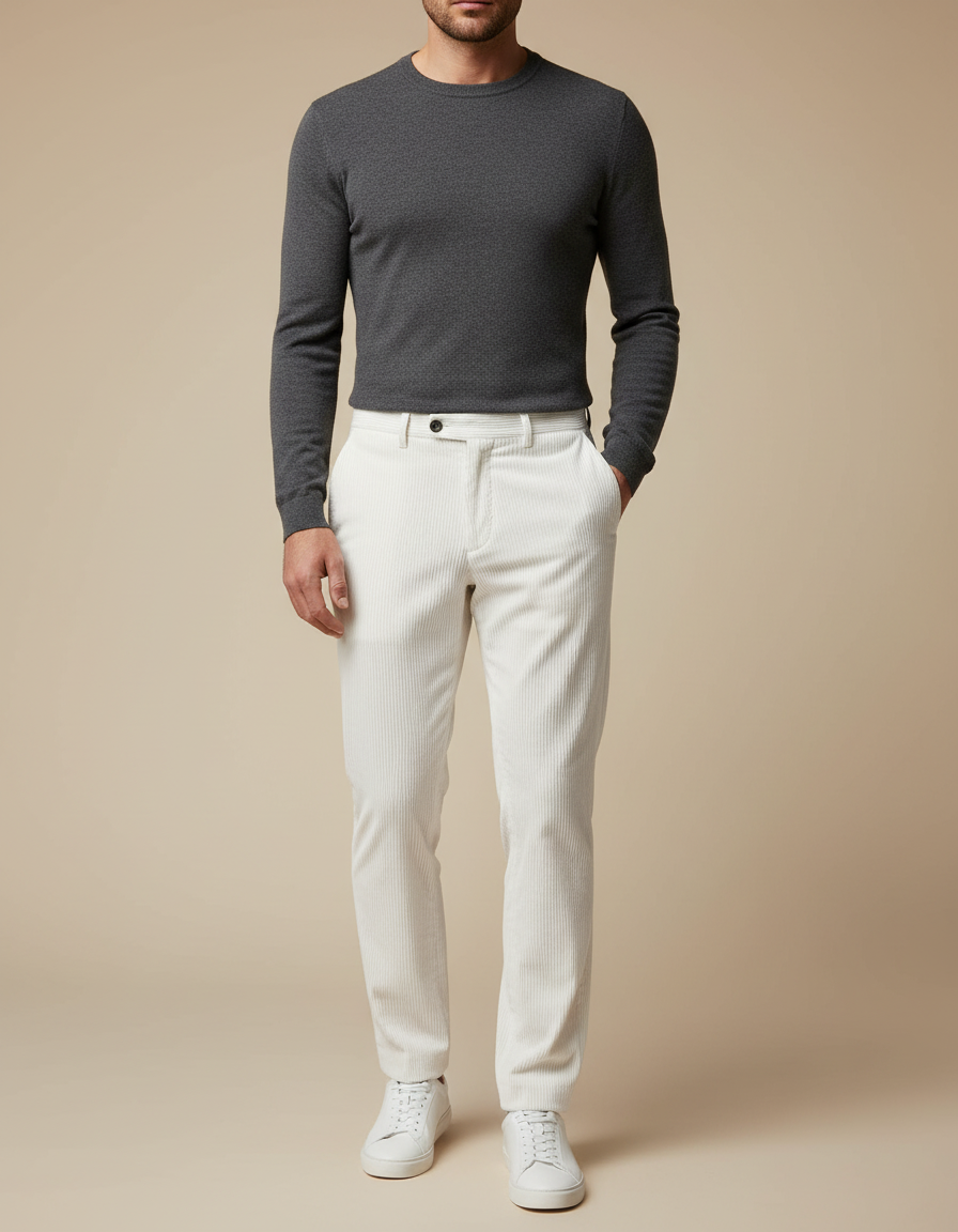 Pantalon Velours Côtelé Blanc Homme Slim Élégant - Cordé
