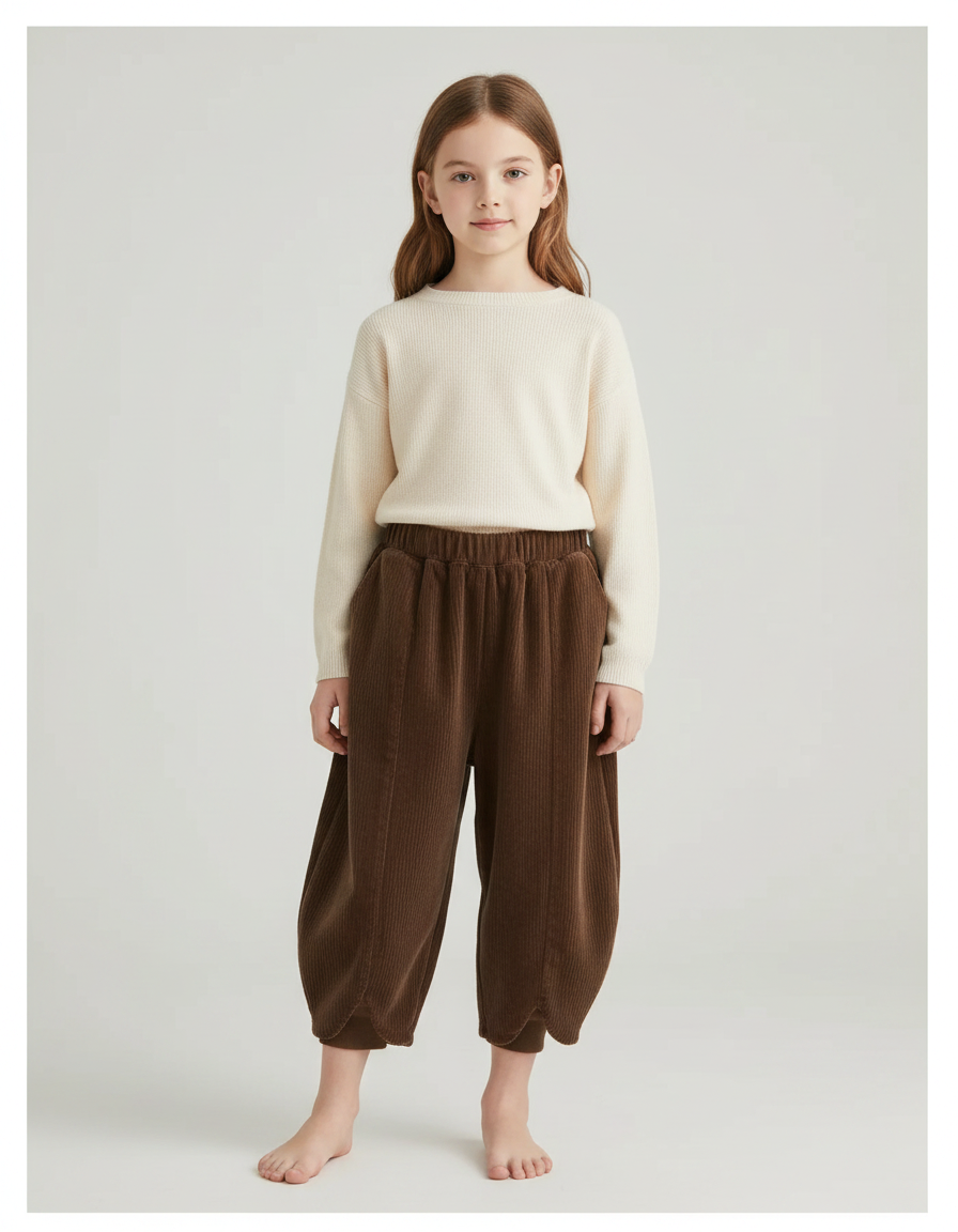 Pantalon Velours Marron Côtelé Ample Enfant Rétro