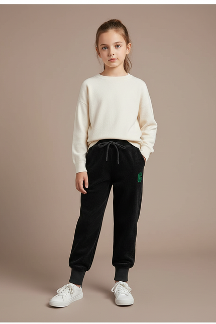 Pantalon Velours Noir Côtelé Ample Brodé Décontracté - Cordé