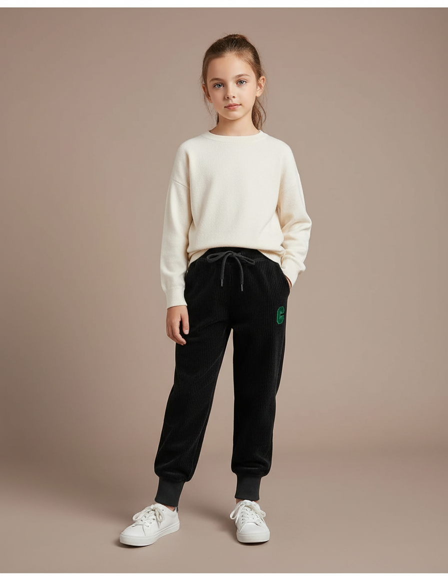 Pantalon Velours Noir Côtelé Ample Brodé Décontracté - Cordé