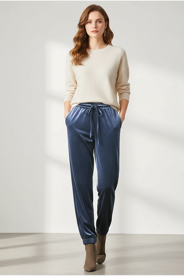 Pantalon Velours Bleu Ample Décontracté Élastiqué Femme