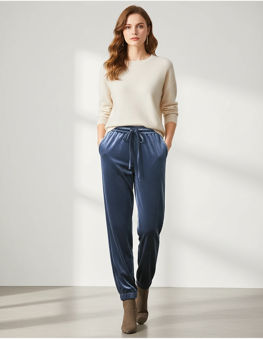 Pantalon Velours Bleu Ample Décontracté Élastiqué Femme
