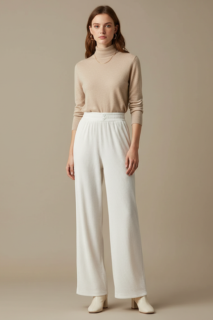 Pantalon Velours Blanc Cassé Côtelé Ample Décontracté Femme - Cordé