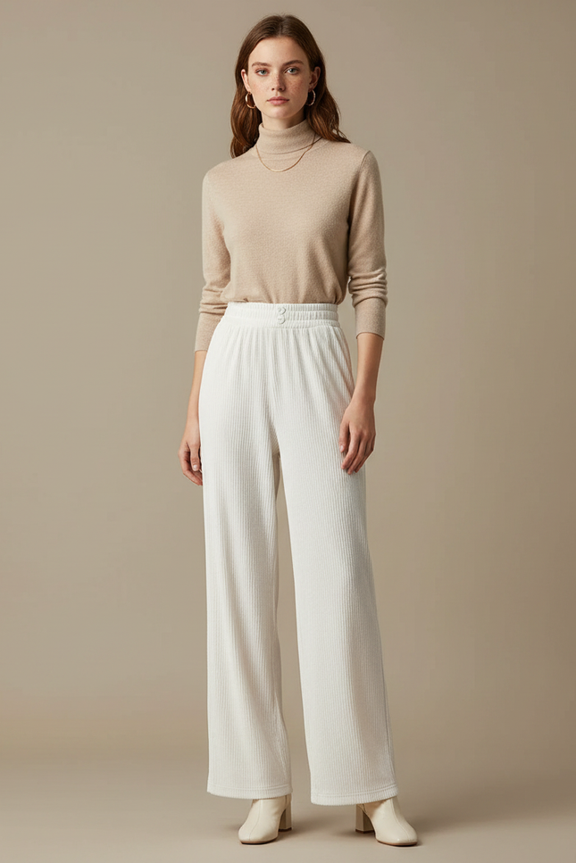 Pantalon Velours Blanc Cassé Côtelé Ample Décontracté Femme - Cordé