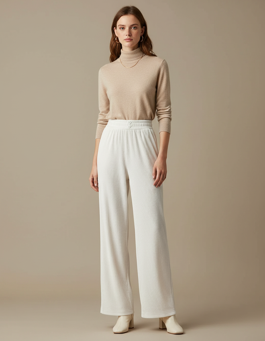 Pantalon Velours Blanc Cassé Côtelé Ample Décontracté Femme - Cordé