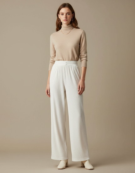 Pantalon Velours Blanc Cassé Côtelé Ample Décontracté Femme - Cordé