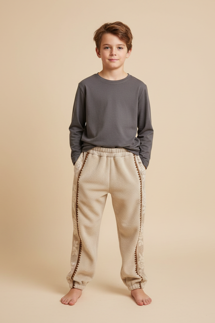 Pantalon Velours Beige Enfant Brodé Doux Hiver - Molleton