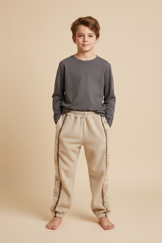 Pantalon Velours Beige Enfant Brodé Doux Hiver - Molleton