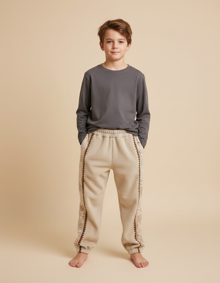 Pantalon Velours Beige Enfant Brodé Doux Hiver - Molleton